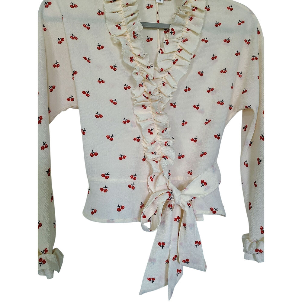 Rouje Paris Frou Frou Cherry Print Wrap Blouse Crepe Ruffle Top Cream Sz 34 US 2 - Picture 4 of 7